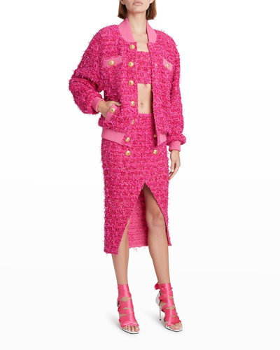 Shop Balmain X Barbie Metallic Tweed Bomber Jacket In Pink