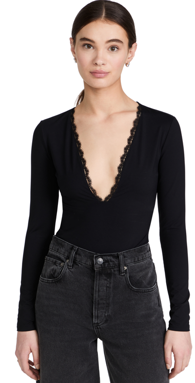 Shop Fleur Du Mal Margo Lace Long Sleeve Thong Bodysuit In Black