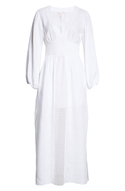Shop Rebecca Taylor Long Sleeve Smocked Waist Linen & Crochet Dress In Waxflower