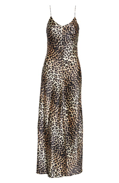 Shop Ganni Leopard Print Stretch Silk Satin Dress