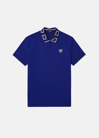 Shop Versace Greca Collar Polo Shirt In Royal Blue