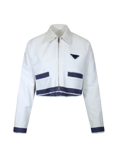 Shop Prada Triangle-patch Denim Jacket In White