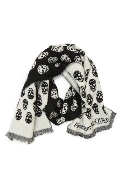 Shop Alexander Mcqueen Skull Wool Reversible Scarf In Pearl/ Black