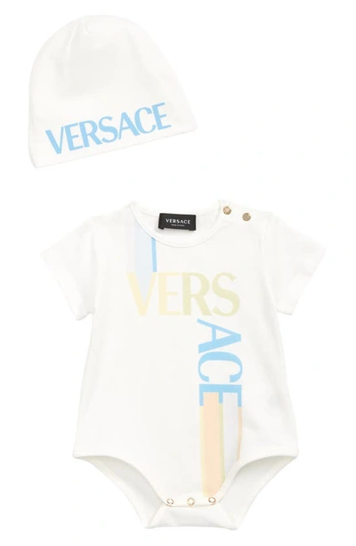 Shop Versace Kids' Logo Stretch Cotton Bodysuit & Cap Set In 6w080 Bianco Azzurro