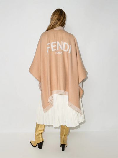 Shop Fendi Fringed Logo Poncho In Nude