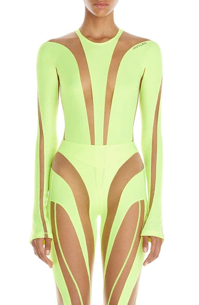 Shop Mugler Illusion Mesh Long Sleeve Bodysuit In Neon Yellow / Nude 01