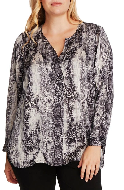 Shop Vince Camuto Snake Print Split Neck Blouse In Rich Black