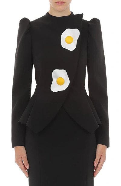 Shop Moschino Egg Appliqué Crepe Jacket In 1555 Fantasy Print Black