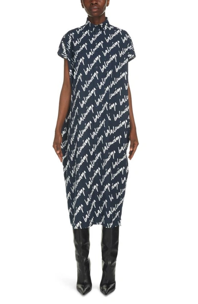 Shop Balenciaga Scribble Logo Print Oversize Poplin Shirtdress In Navy/ White