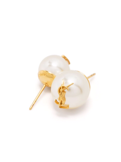 Saint Laurent Asymmetrical Earrings With Pearl And Monogram In White