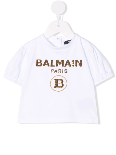 Shop Balmain Sequin-embellished Logo T-shirt In White