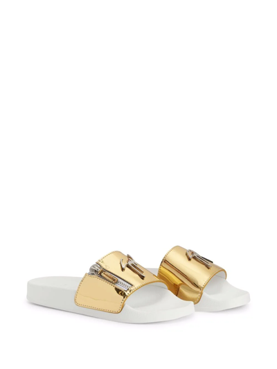 Shop Giuseppe Zanotti Brett Logo Zip Slides In Gold