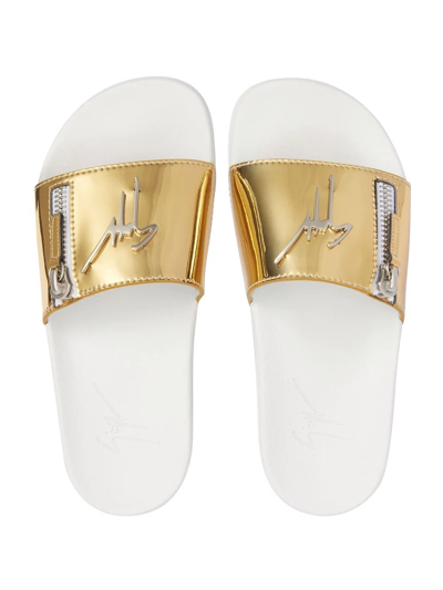 Shop Giuseppe Zanotti Brett Logo Zip Slides In Gold