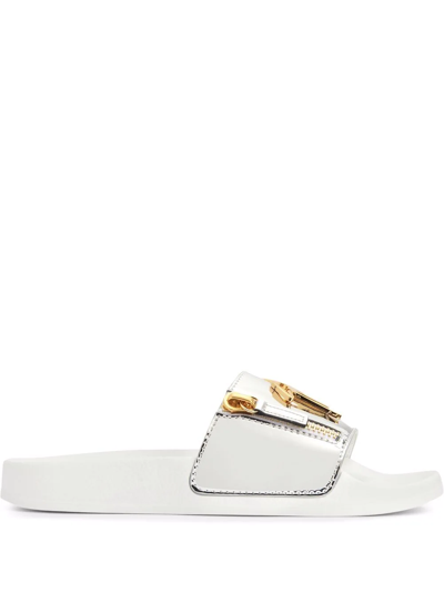 Shop Giuseppe Zanotti Brett Logo Zip Slides In Silver