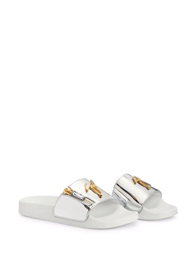 Shop Giuseppe Zanotti Brett Logo Zip Slides In Silver