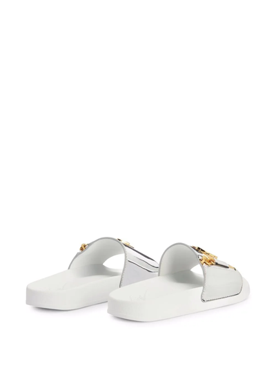 Shop Giuseppe Zanotti Brett Logo Zip Slides In Silver