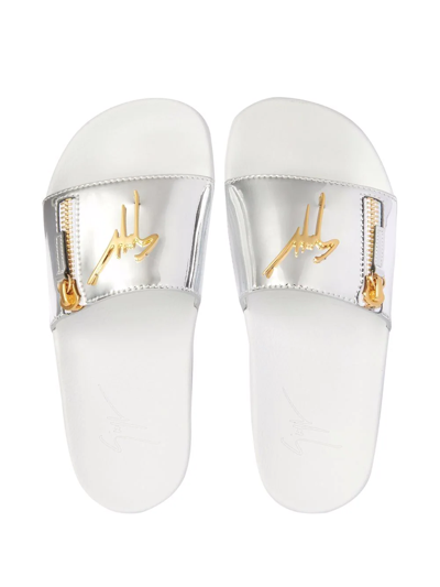 Shop Giuseppe Zanotti Brett Logo Zip Slides In Silver