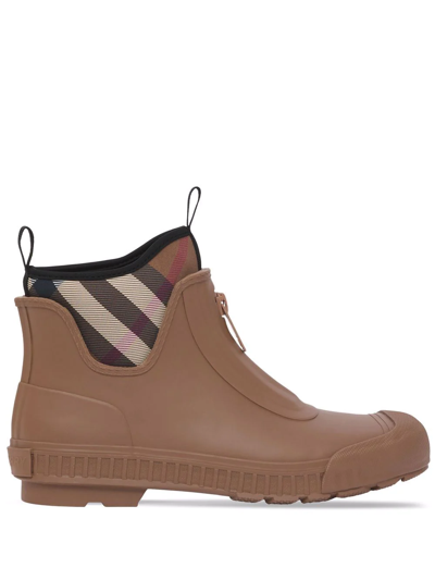 Shop Burberry Check Neoprene Rubber Rain Boots In Brown