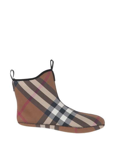 Shop Burberry Check Neoprene Rubber Rain Boots In Brown