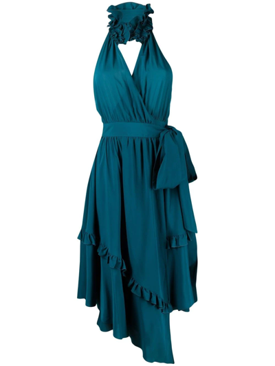 Shop Alexandre Vauthier Ruffle-detail Halterneck Dress In Blue