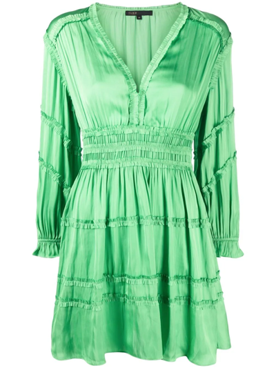 Maje Rilani Ruffled V-neck Satin Mini Dress In Green | ModeSens