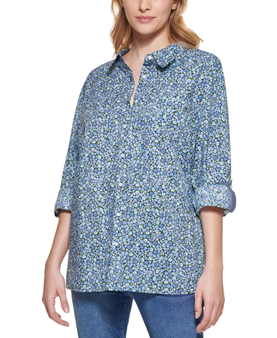 Shop Tommy Hilfiger Cotton Floral-print Utility Shirt In Sky Cap/mint