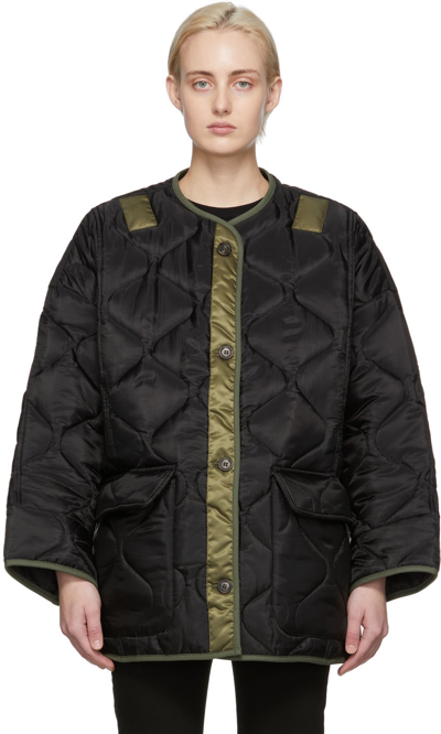 Shop The Frankie Shop Black & Green Down Quilted Teddy Jacket In Black/olive