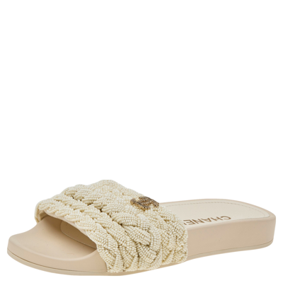 Pre owned Chanel White Pearl Cc Flat Slides Size 36 ModeSens