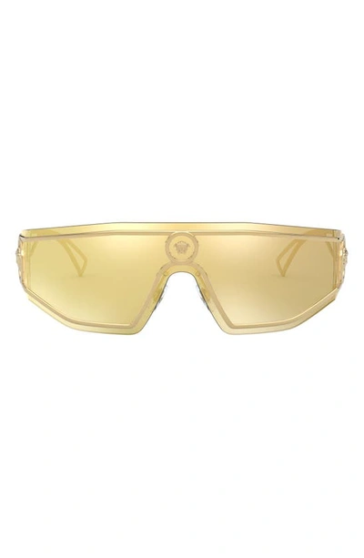 Shop Versace Shield Sunglasses In Gold/ Brown Mirrored Gold