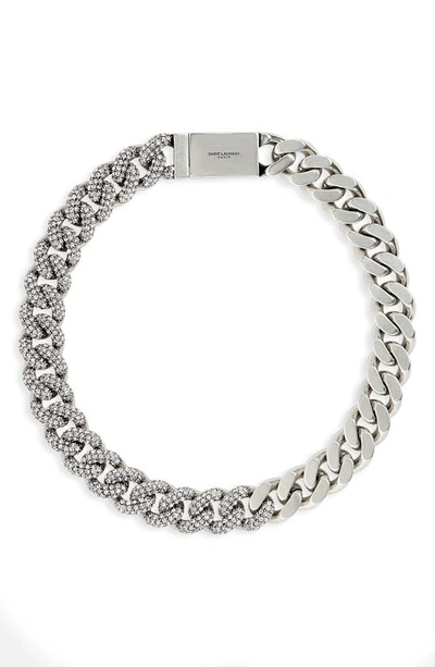 Shop Saint Laurent Rhine Curb Chain Collar Necklace In Argent Oxyde/ Crystal