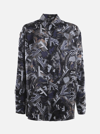 Shop Fendi Silk Shirt With All-over  Fragment Motif In Multicolor