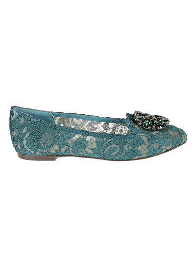Shop Dolce & Gabbana Crystal Embellished Floral Lace Slippers In Petrol