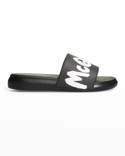 Shop Alexander Mcqueen Bicolor Logo Rubber Pool Sandals In Black White