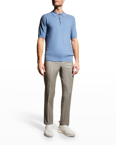 Shop Brioni Men's Basket Stitch Cashmere-blend Polo Shirt In Blue Multi