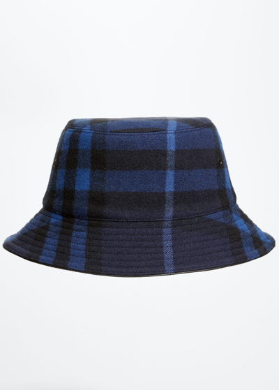 Shop Burberry Men's Wool Check Bucket Hat In Ink Blue Check