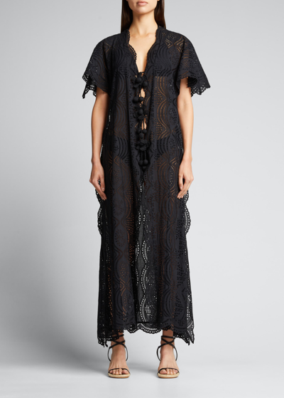 Shop Miguelina Imani Long Embroidered Cotton Eyelet Coverup In Black