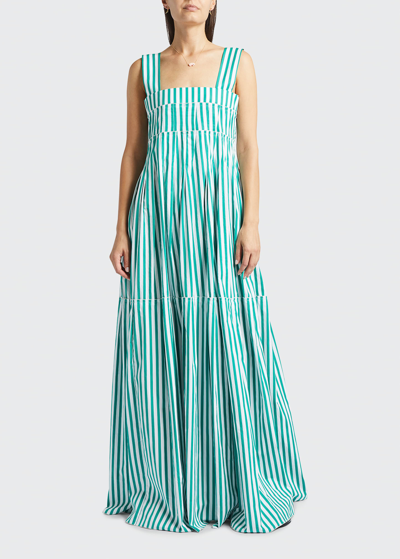 Shop Plan C Striped Sleeveless Tiered Maxi Dress In Clover Green Ivo