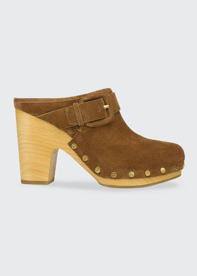 Shop Veronica Beard Dacey Buckle Suede Clogs In Pecan