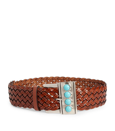 Shop Etro Leather Embellished Woven Waist Belt In Brown