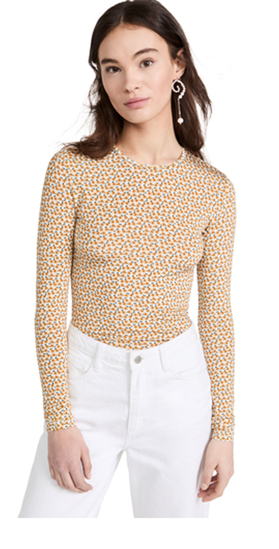 Shop Tibi Flora On Jersey Fitted Long Sleeve Tee In Yellow Multi