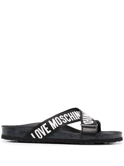 Shop Love Moschino Logo Open-toe Slides In Black