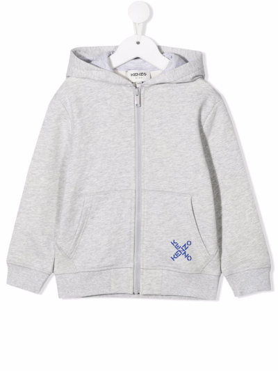 Shop Kenzo Logo Print Zipped Hoodie In Grey