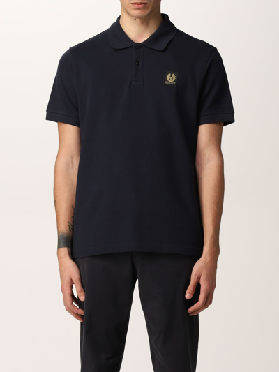 Shop Belstaff Polo Shirt In Pique Cotton With Logo In Blue