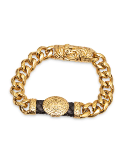 Shop Jean Claude Men's Incrusted Goldplated Stainless Steel & Leather Bracelet In Neutral