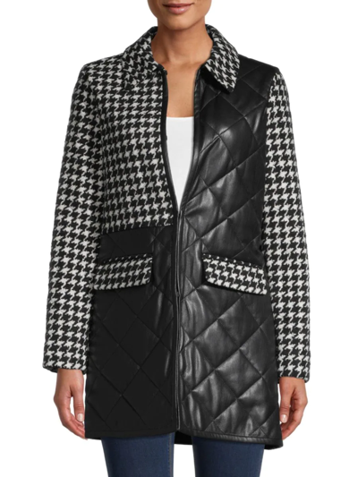 Shop Alice And Olivia Women's Susan Quilted Faux Leather & Houndstooth Carcoat In Black White