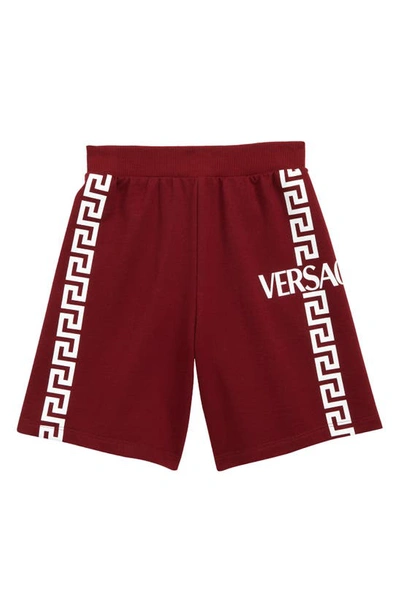 Shop Versace Kids' Greca Logo Cotton Shorts In 2r450 Sangria Bianco