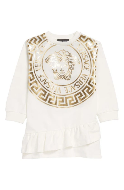 Shop Versace Kids' Metallic Medusa Logo Sweatshirt Dress In 2w110 Bianco Oro