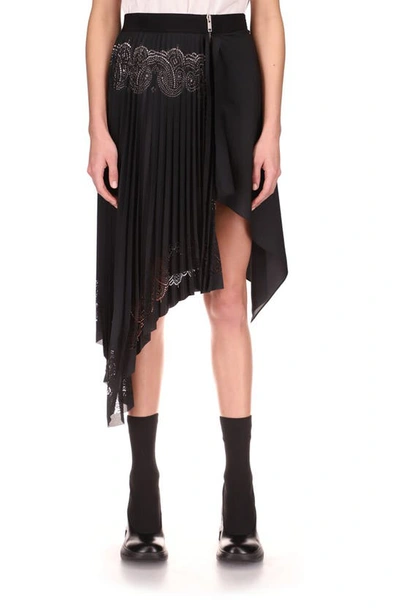 Laser-perforated Asymmetric Pleated Chiffon Skirt In Black