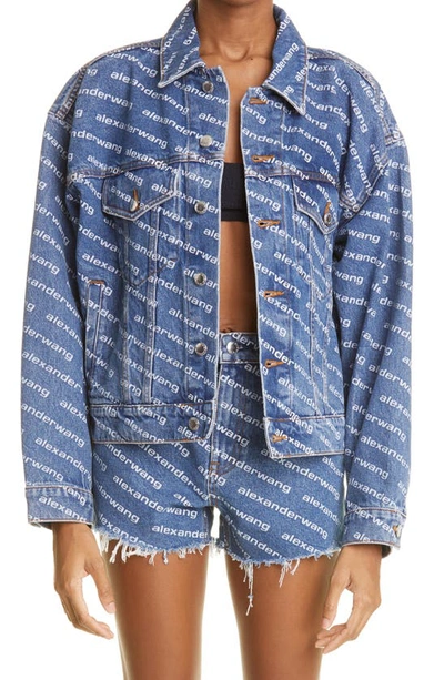 Shop Alexander Wang Logo Print Denim Trucker Jacket In Deep Blue/ White