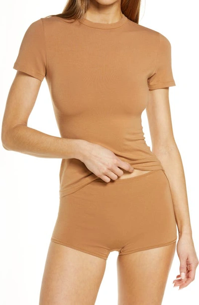 Shop Skims Stretch Cotton T-shirt In Camel